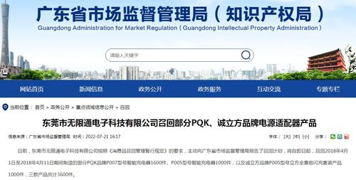 東莞市無(wú)限通電子科技召回部分PQK誠(chéng)立方品牌電源適配器產(chǎn)品，上海網(wǎng)絡(luò)與信息安全軟件開(kāi)發(fā)